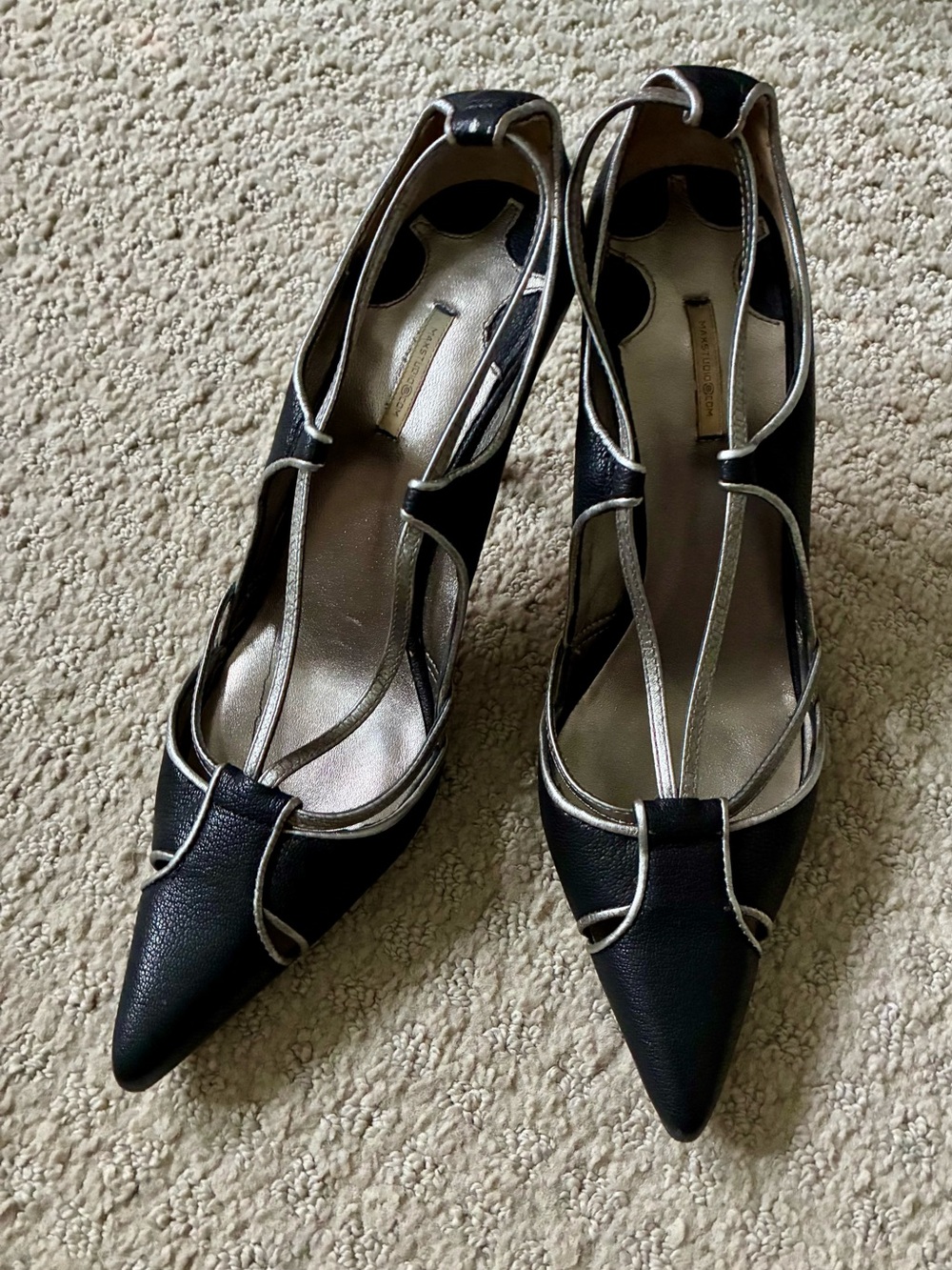 Max Studio Leather Pumps, Black and Silver, Size 36.5